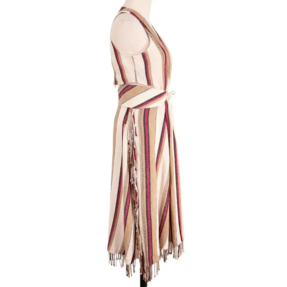 Ulla Johnson Caterina Maxi Dress Cream Linen Striped Cut Out Fringe Boho Size 6 - Picture 6 of 16